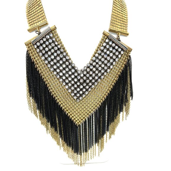 Gold-tone Rhinestone Chainmail Bib Necklace Fringed Chain Statement Boho Chic - Picture 6 of 14